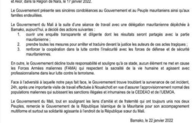 Communiqué du Gouvernement malien suite au décès des 7 mauritaniens